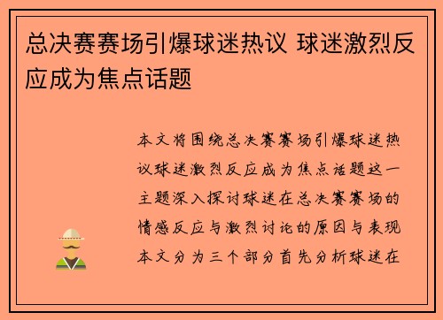 总决赛赛场引爆球迷热议 球迷激烈反应成为焦点话题