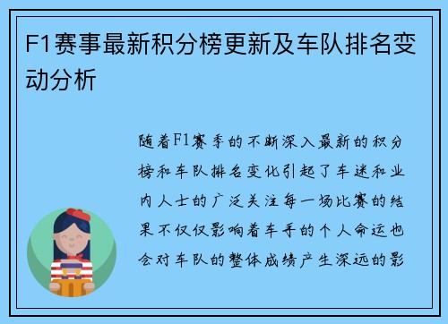 F1赛事最新积分榜更新及车队排名变动分析