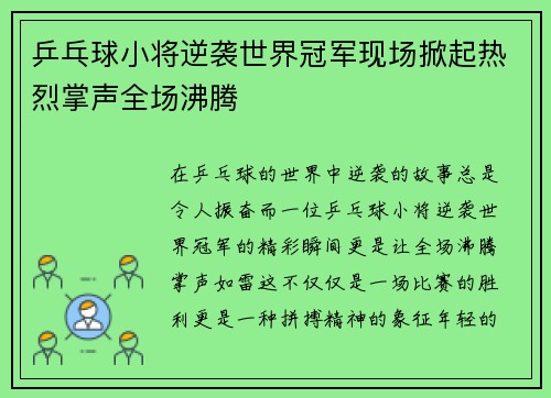 乒乓球小将逆袭世界冠军现场掀起热烈掌声全场沸腾 乒乓球小将逆袭世界冠军现场掀起热烈掌声全场沸腾